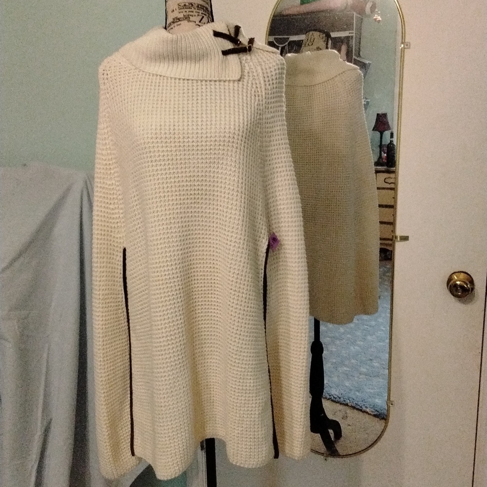 Women's NWOT Cream Cowl neck Poncho w/ braided leather detail by Cato O/S